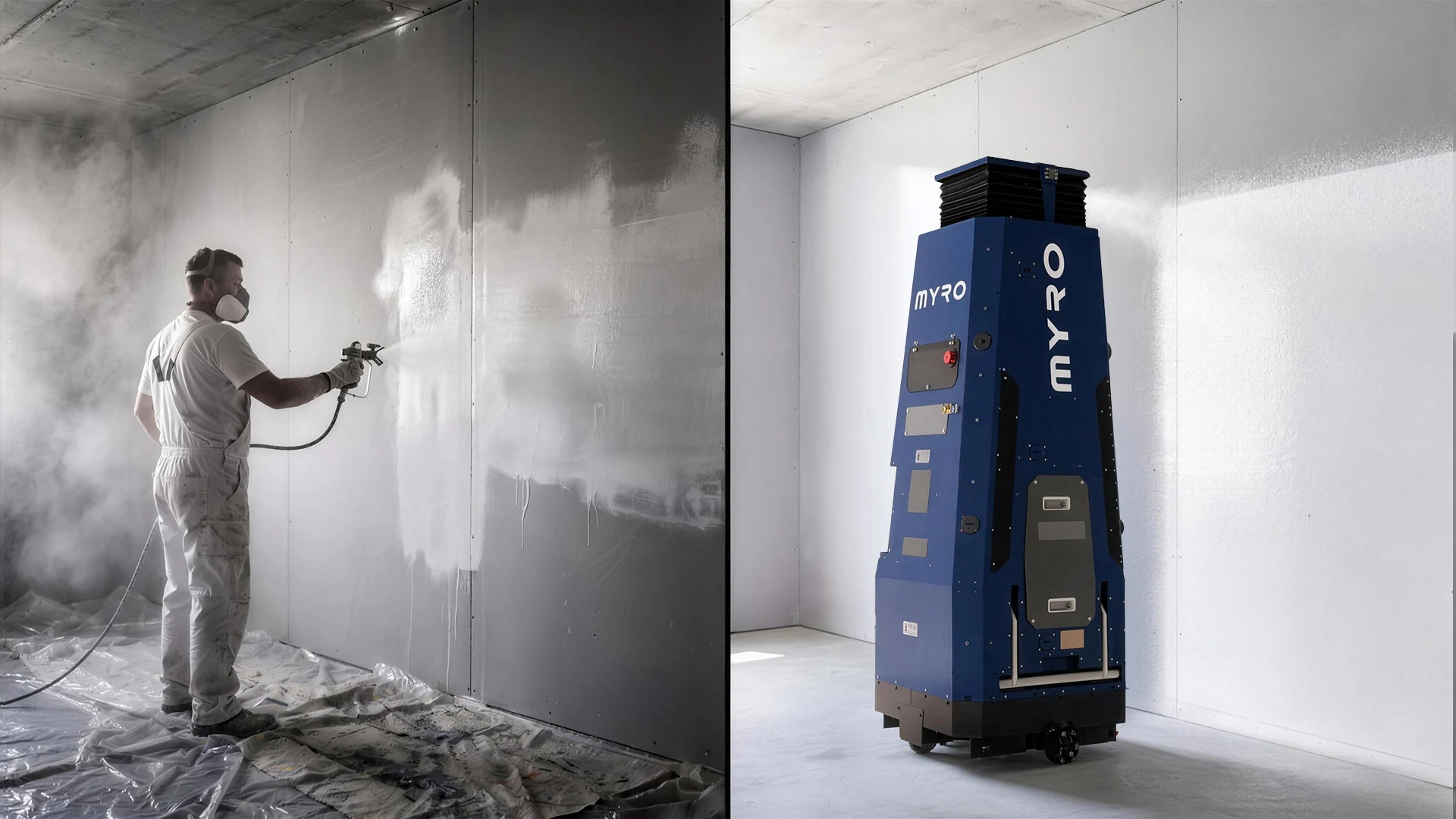 A split view comparing the heavy overspray and air contamination of a manual airless application against the clean, controlled, and localized spray path of MYRO’s robotic arm.